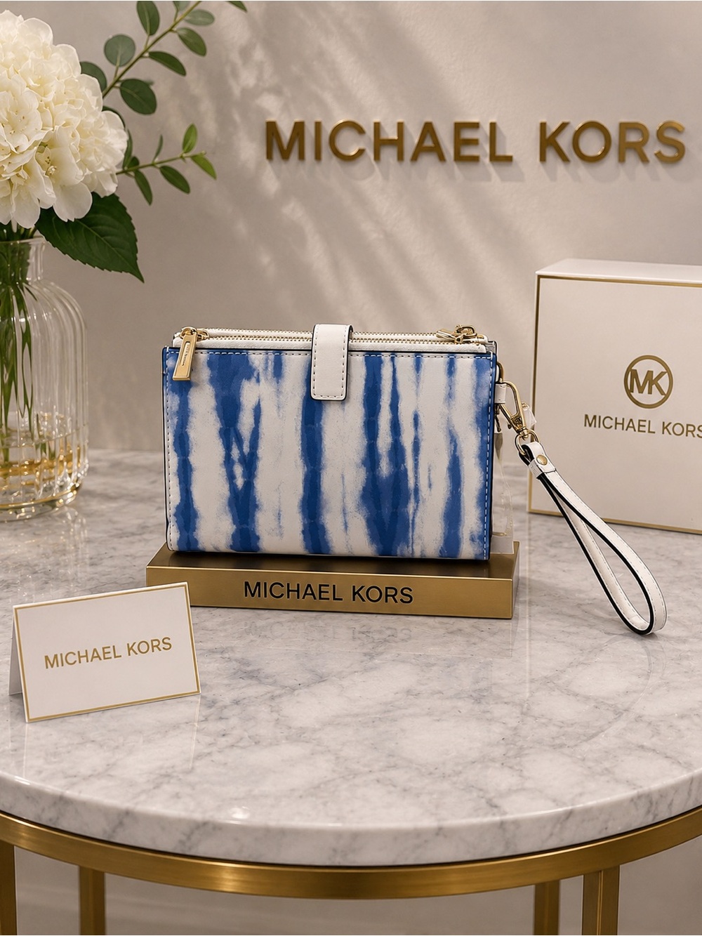Michael Kors Blue & White Tie-Dye Wristlet Clutch with phone compartment - NWT